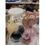 A QUANTITY OF ART GLASS PIECES TO INCLUDE A CAT PAPERWEIGHT, A ROYAL ALBERT VASE, TAZA BOWL, SCENT