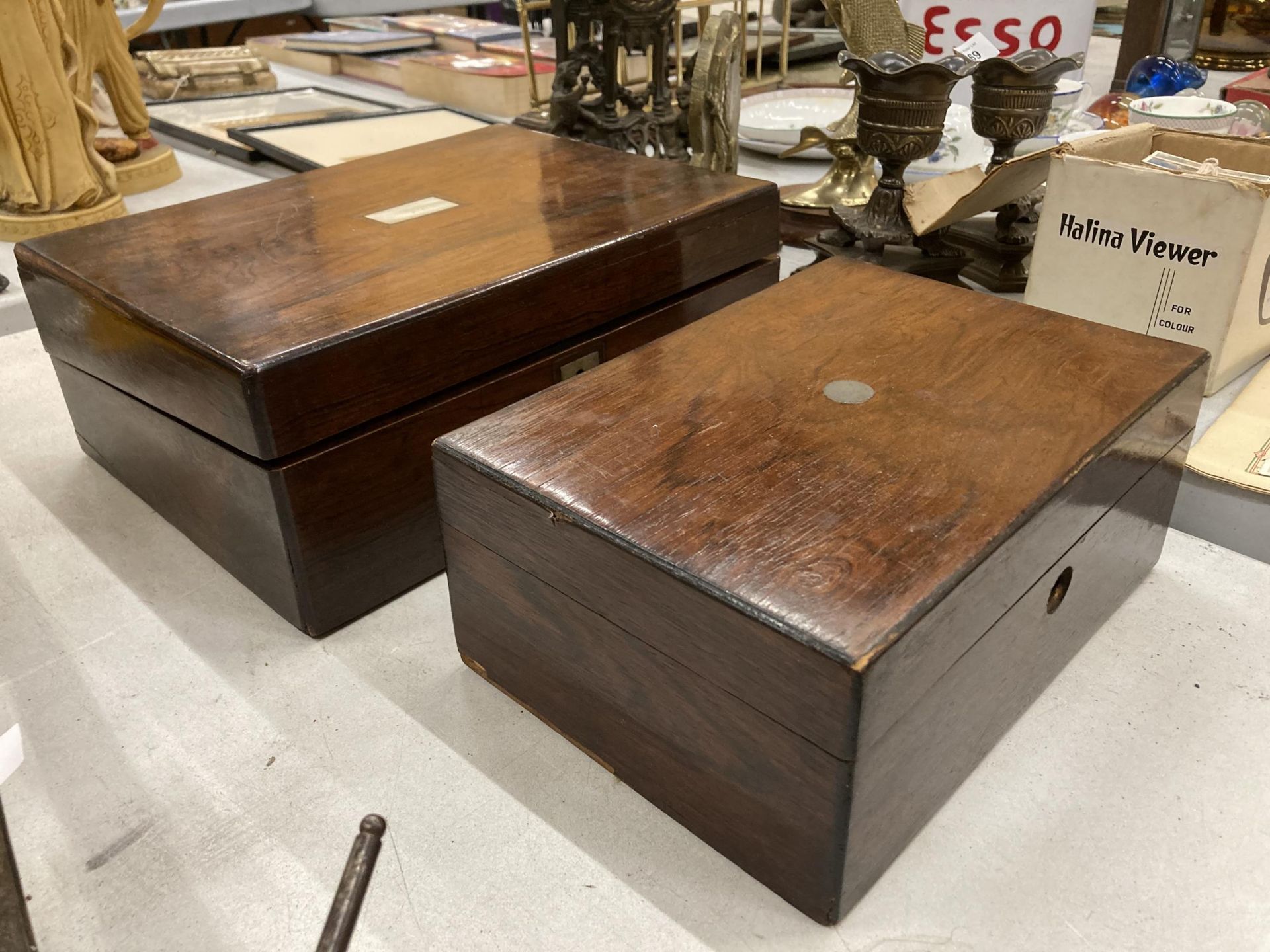 A ROSEWOOD WRITING SLOPE PLUS A JEWELLERY BOX - BOTH IN NEED OF RESTORATION - Image 3 of 3