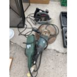 THREE VARIOUS POWER TOOLS TO INCLUDE A MAKITA ANGLE GRINDER AND A BOSCH BELT SANDER ETC