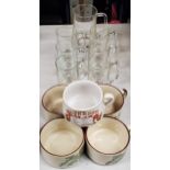 A SET OF GLASSES AND WATER JUG, MUSHROOM POT AND FURTHER POTS