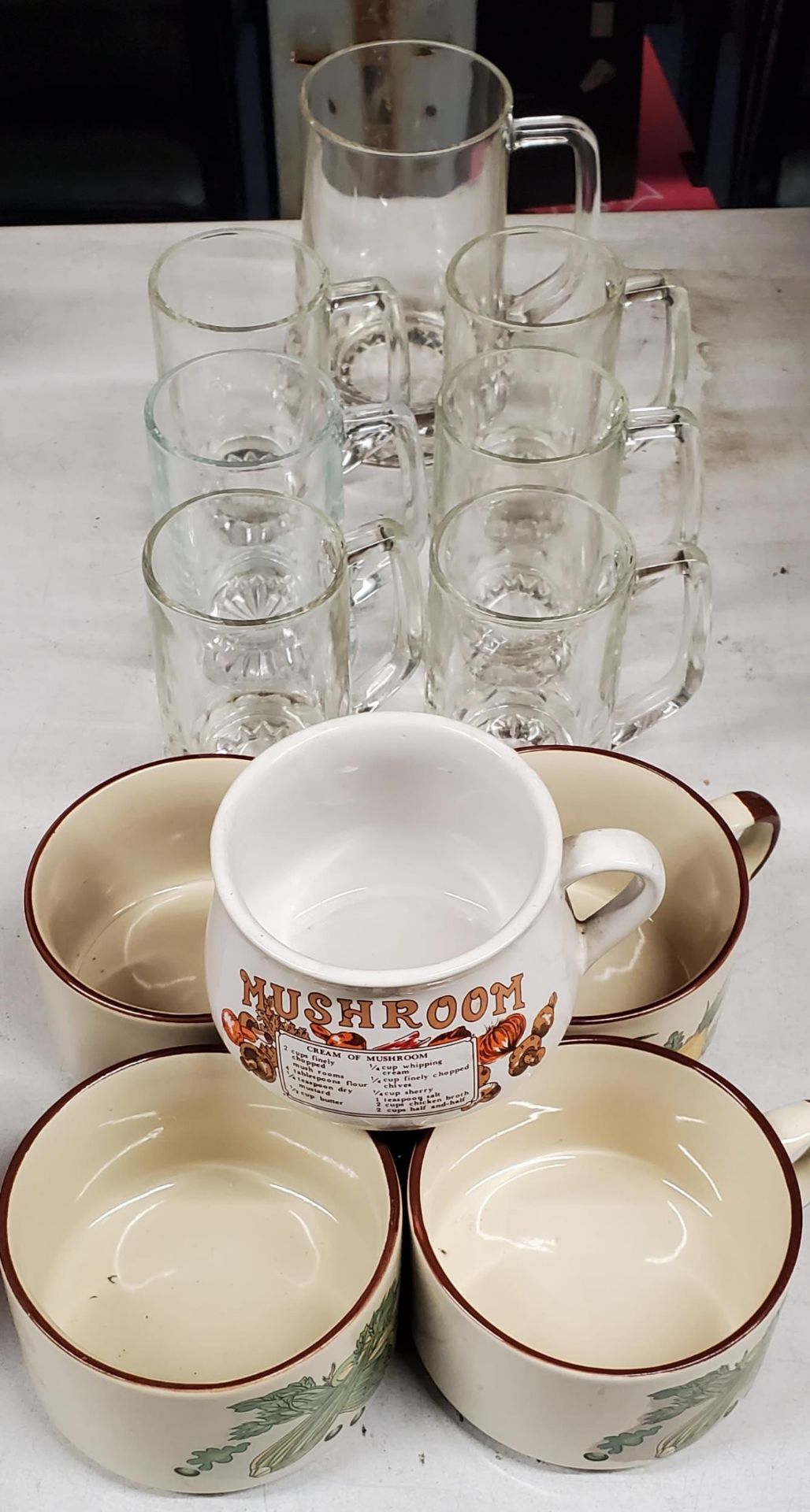 A SET OF GLASSES AND WATER JUG, MUSHROOM POT AND FURTHER POTS