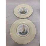 A PAIR OF ROYAL CROWN DERBY 25 CM PLATES "YACHT ENDEAVOUR" PAINTED AND SIGNED BY W E J DEAN