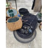 AN ASSORTMENT OF ITEMS TO INCLUDE A WICKER PICNIC BASKET, A KEEP NET AND FISHING REELS ETC