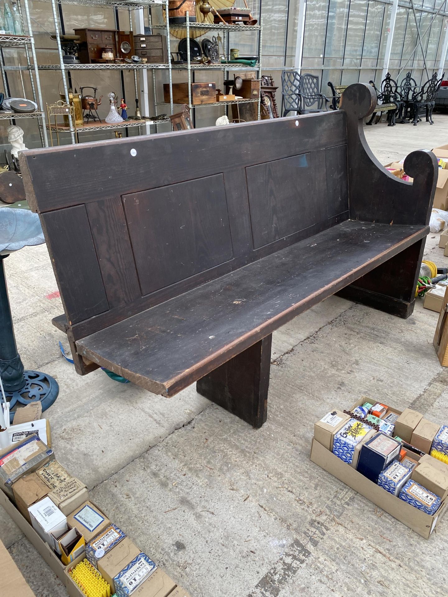 A PITCH PINE CHURCH PEW WITH ONE OPEN END (L:147CM)