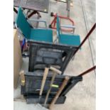 AN ASSORTMENT OF ITEMS TO INCLUDE TWO FOLDING CHAIRS, BUILDERS TRESTLES AND GARDEN TOOLS ETC