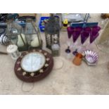 AN ASSORTMENT OF ITEMS TO INCLUDE WINE GLASSES AND CANDLE LANTERNS ETC