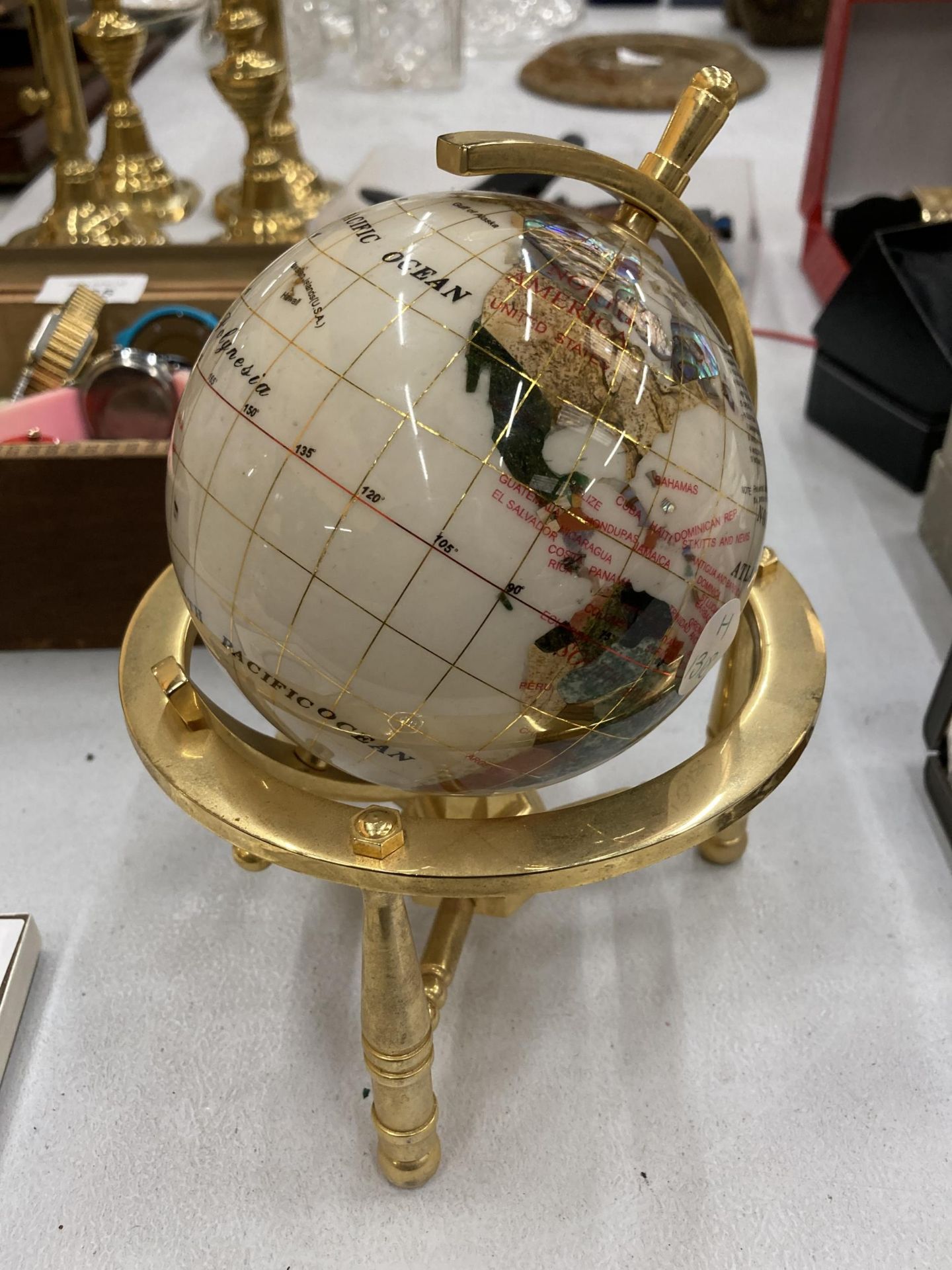 A SMALL GEMSTONE GLOBE, HEIGHT 18CM