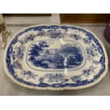 A LARGE VINTAGE BLUE AND WHITE 'CHINESE MARINE' MEAT PLATTER, 52CM X 41CM