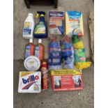 AN ASSORTMENT OF CLEANING ITEMS TO INCLUDE MOP HEADS, POLISH AND BRILLO PADS ETC