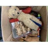 A COLLECTION OF VINTAGE TOYS TO INCLUDE A TEDDY, WOODEN MODEL TRAIN, PUZZLES ETC