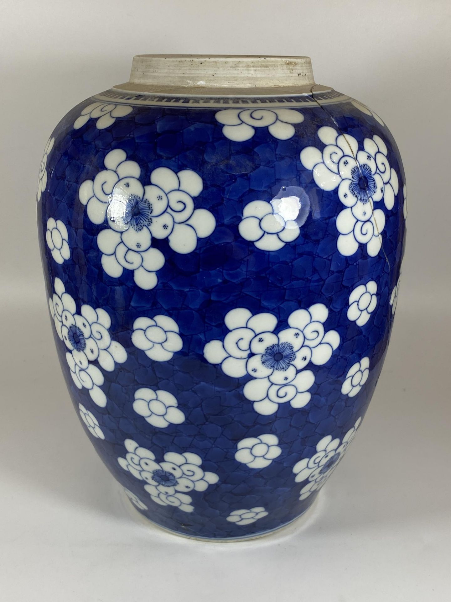 A LARGE 19TH CENTURY CHINESE BLUE AND WHITE PRUNUS BLOSSOM GINGER JAR WITH CARVED WOODEN LID, DOUBLE - Bild 10 aus 19