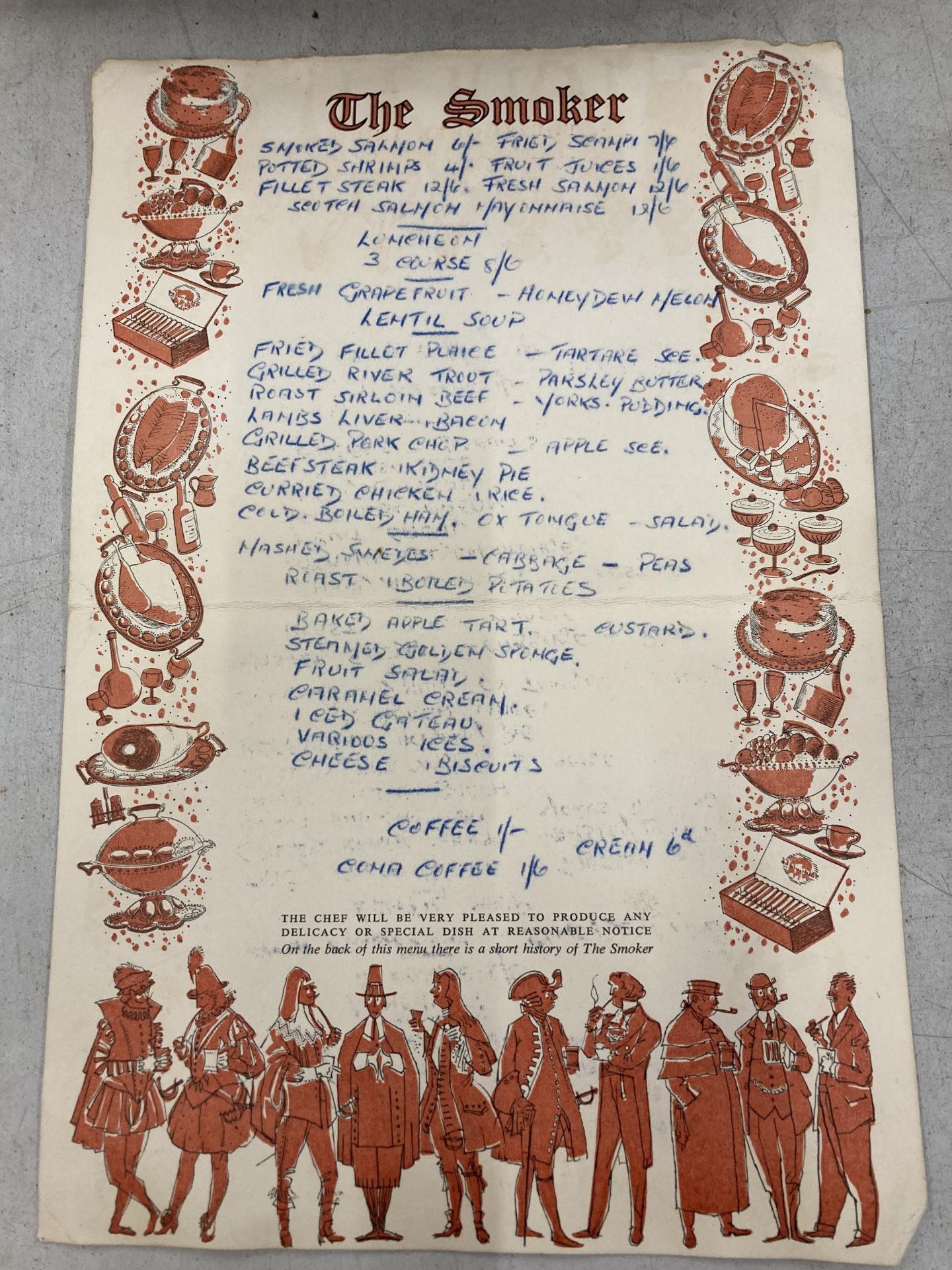 A 1960'S 'SMOKERS INN', PLUMLEY, HAND WRITTEN AND SIGNED MENU - Image 2 of 2