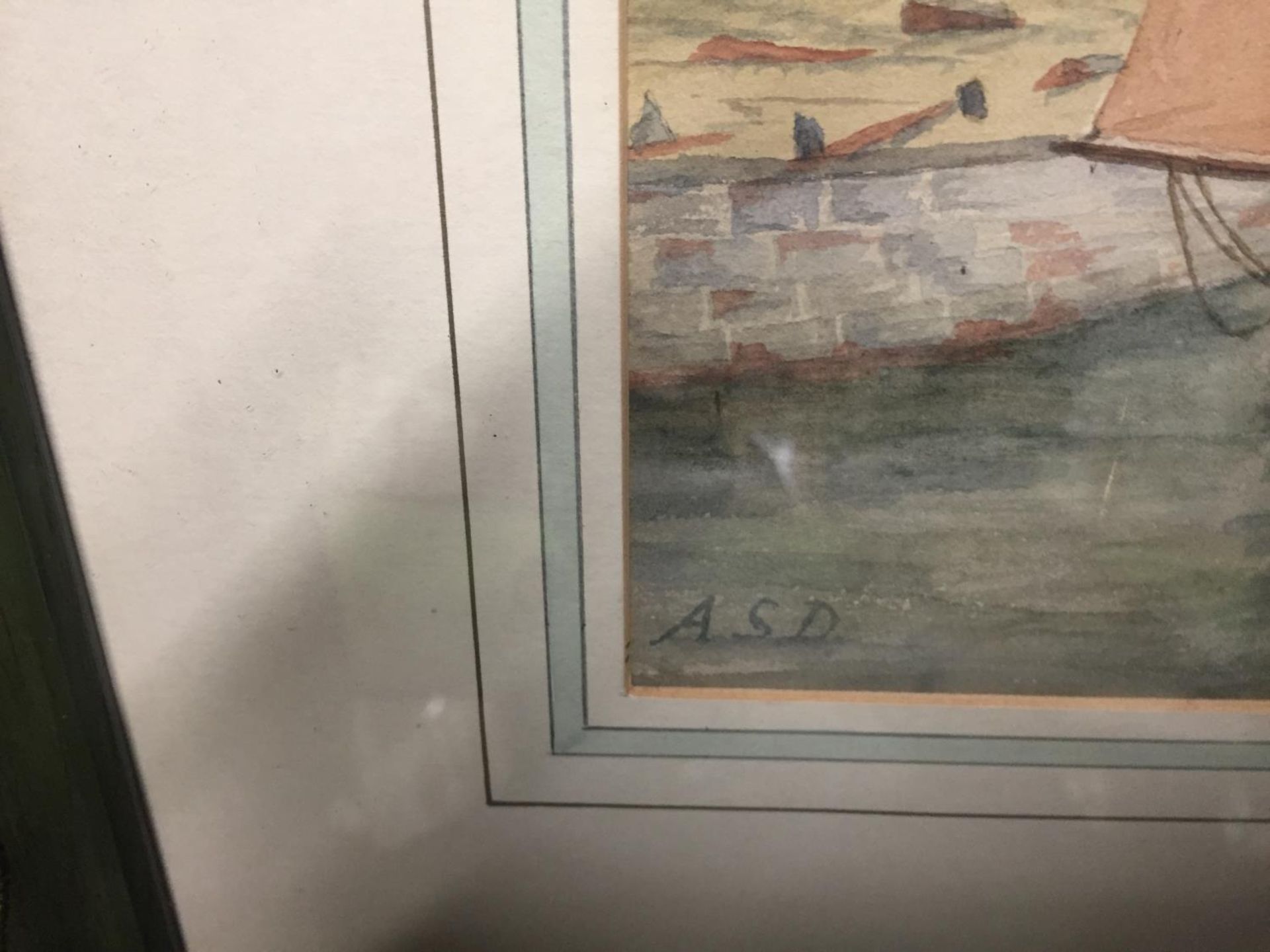 THREE FRAMED WATERCOLOURS, AN ORIENTAL STYLE MAN ON A BRIDGE WITH THE SEA IN THE BACKGROUND, - Image 3 of 5