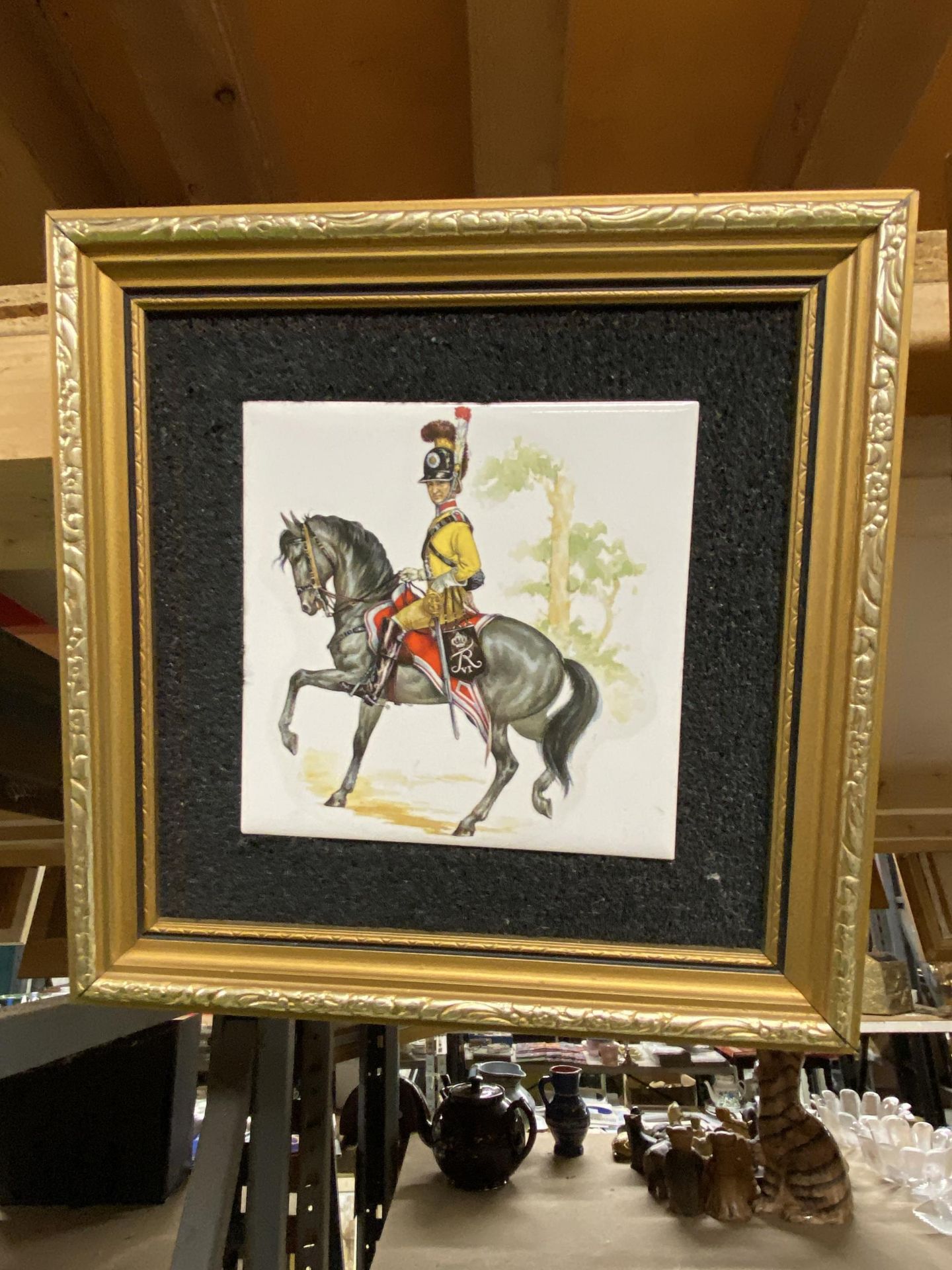 A SET OF FOUR GILT FRAMED CAVALRY DESIGN TILE PICTURES - Image 5 of 5