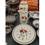 THREE PIECES OF PORTMEIRION 'BOTANIC GARDEN' WITH POPPY DESIGN TO INCLUDE A WALL CLOCK, VASE AND JUG