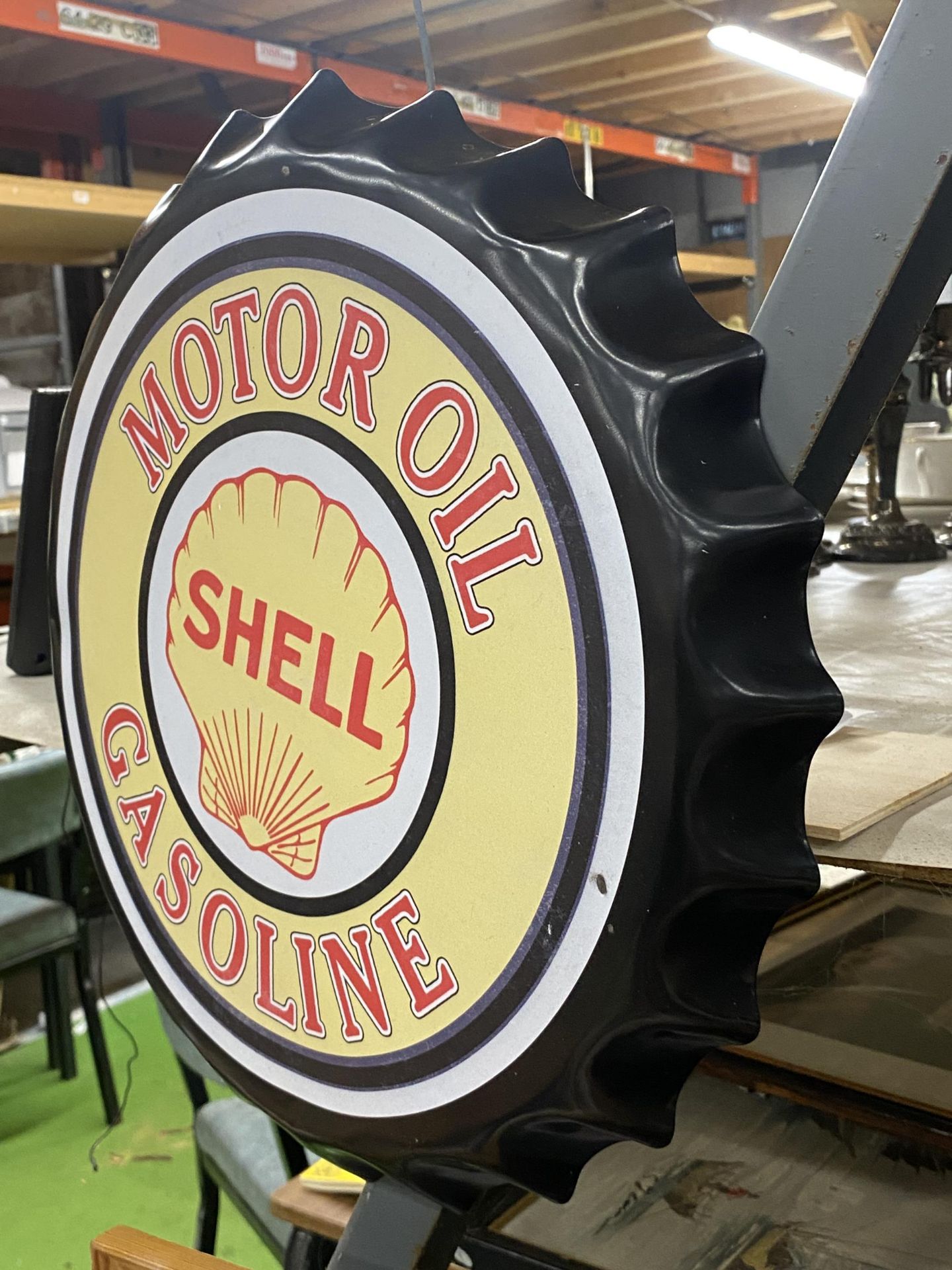 A MOTOR OIL SHELL GASOLINE METAL BOTTLE TOP SIGN - Image 2 of 2