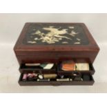 A JAPANESE LACQUERED SEWING BOX AND CONTENTS WITH BIRD DESIGN TOP AND INNER COMPARTMENTS AND LOWER