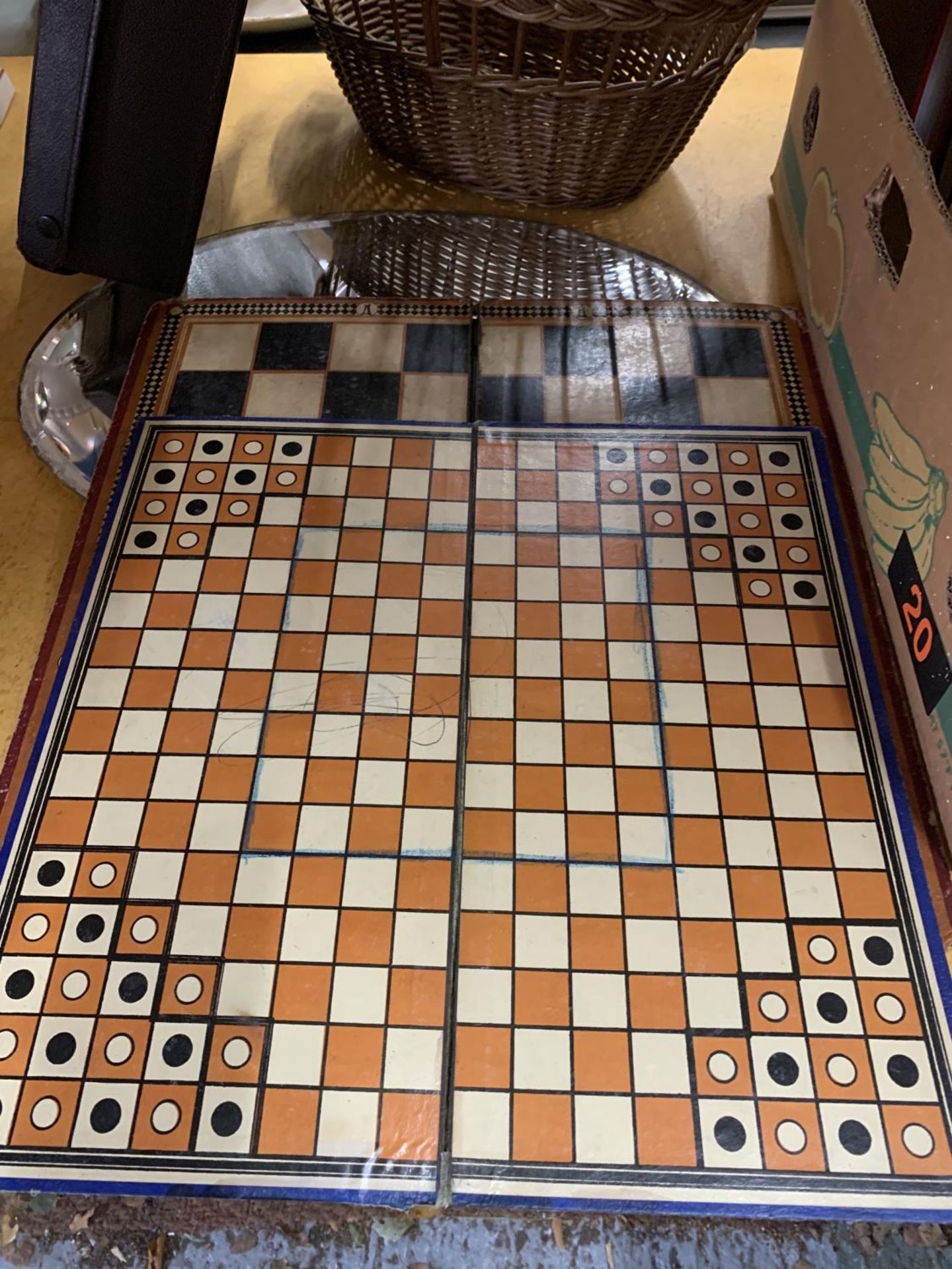 TWO VINTAGE GAMES BOARDS, A SMALL SUITCASE, BASKET AND OVAL MIRROR - Image 2 of 3