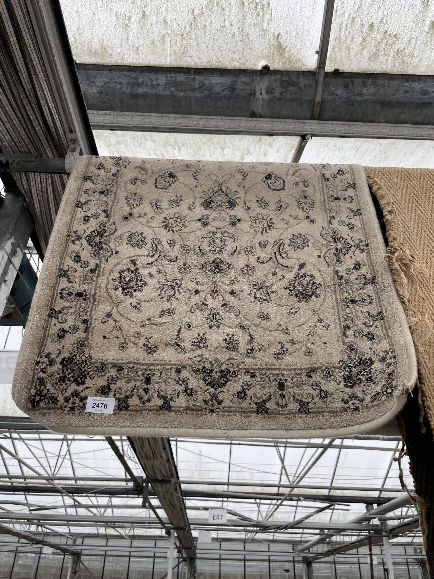 A SMALL CREAM PATTERNED RUG AND A CARPET RUNNER