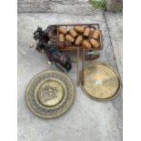 TWO BRASS CHARGERS AND TWO CERAMIC SHIRE HORSES WITH A CART