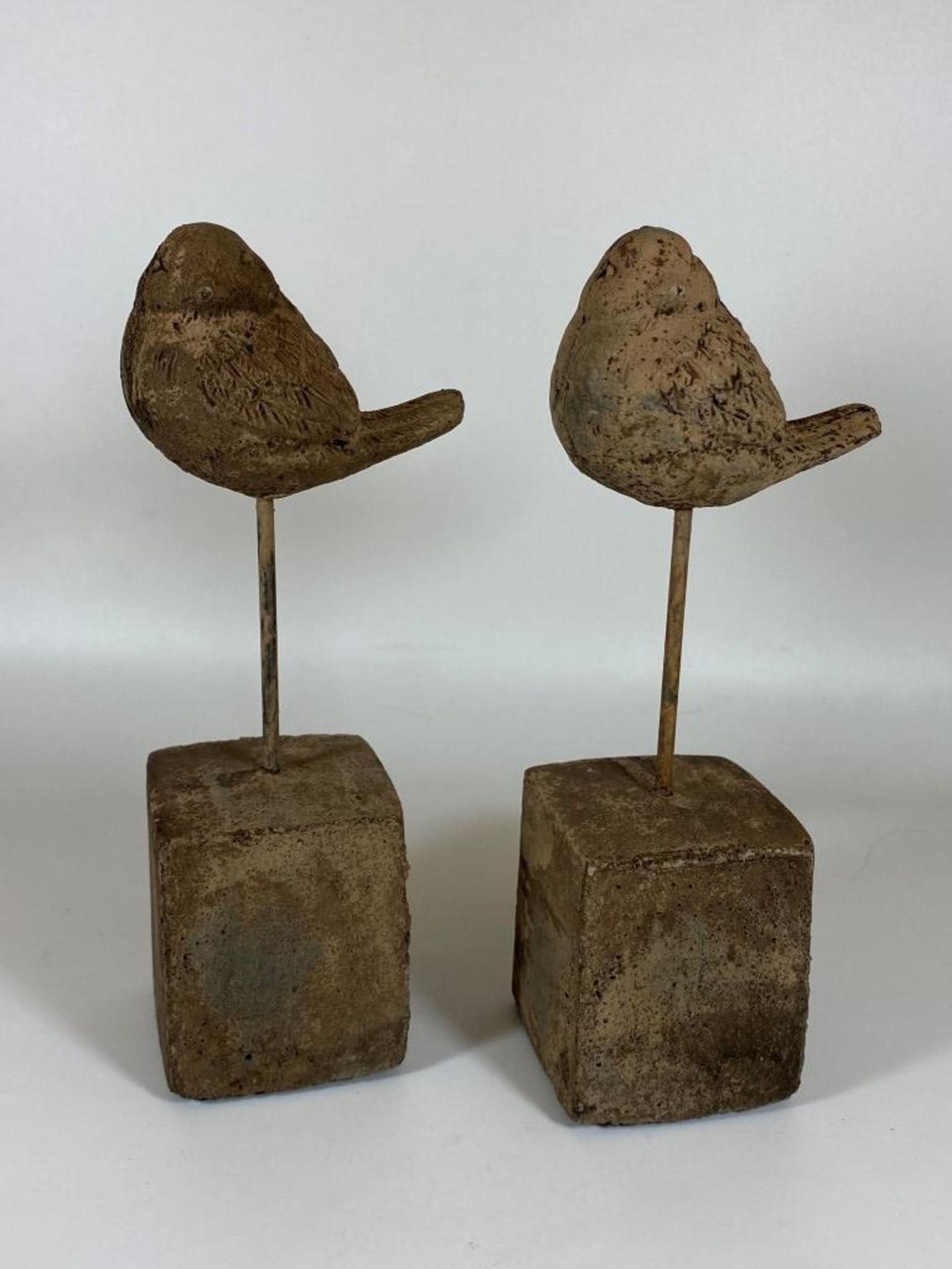 A PAIR OF DECORATIVE STONE BIRDS ON PLINTHS, HEIGHT 24CM