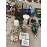 AN ASSORTMENT OF ITEMS TO INCLUDE TWO FIRE SCREENS, A SPIRIT LEVEL AND A SAFETY FIRE ESCAPE ROPE ETC