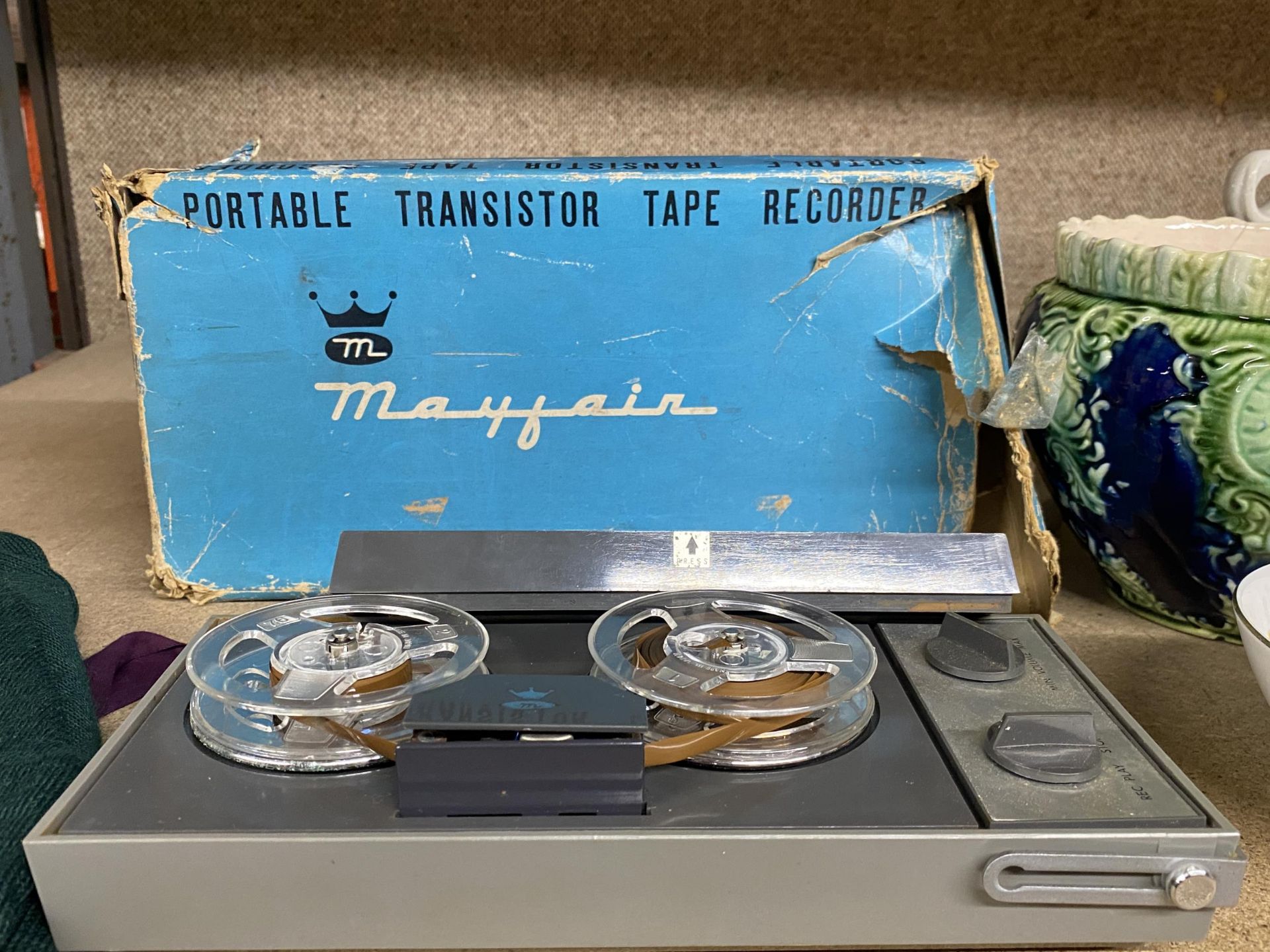 A BOXED VINTAGE MAYFAIR PORTABLE MODEL 1602 TRANSISTOR TAPE RECORDER