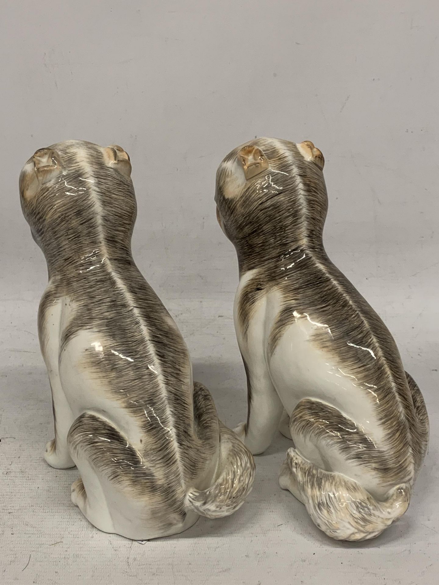 A PAIR OF UNUSUAL CONTINENTAL PORCELAIN DOG FIGURES WITH GILT COLOURED BELL COLLARS - Bild 3 aus 3