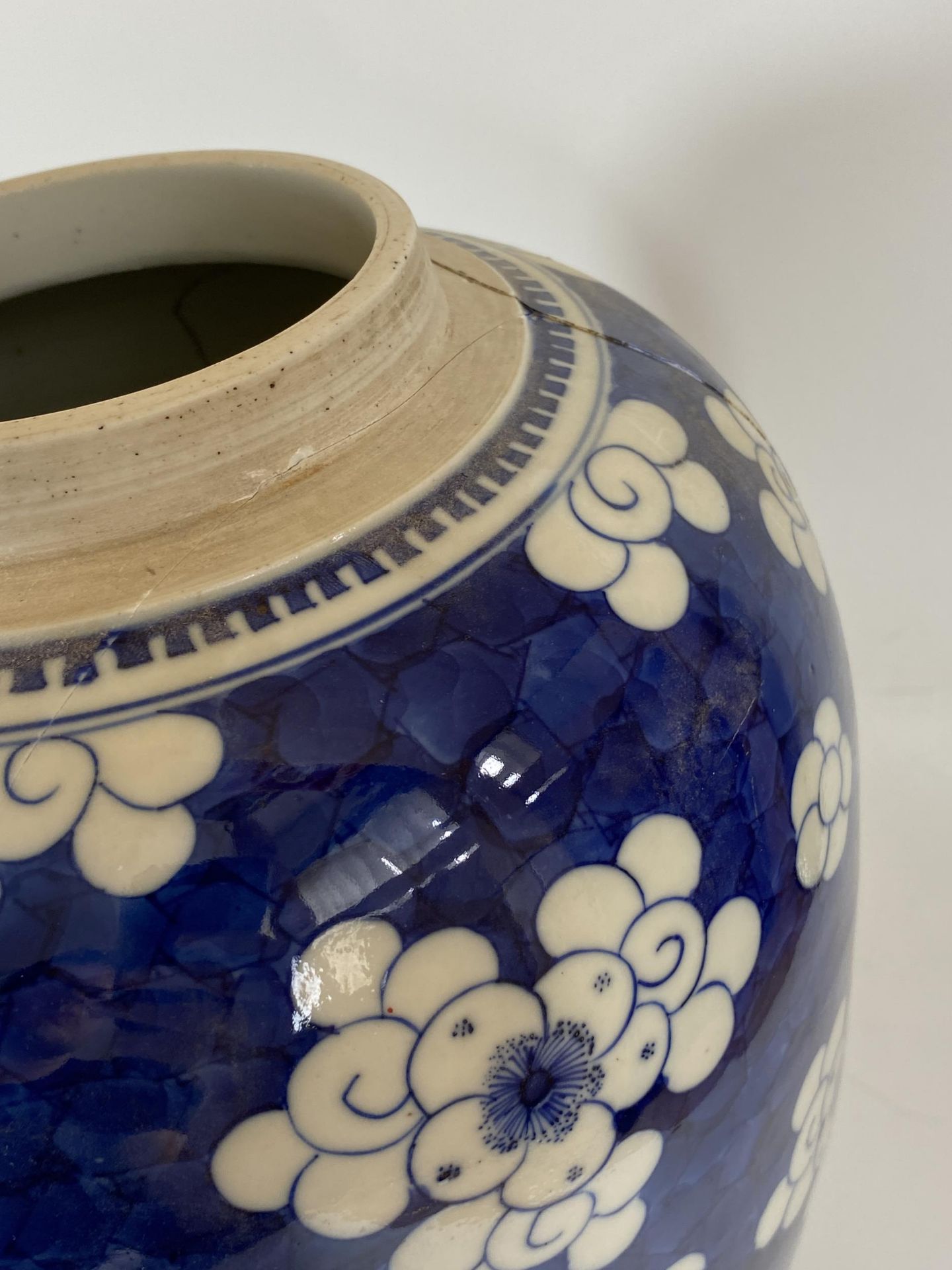 A LARGE 19TH CENTURY CHINESE BLUE AND WHITE PRUNUS BLOSSOM GINGER JAR WITH CARVED WOODEN LID, DOUBLE - Bild 9 aus 19