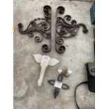 AN ASSORTMENT OF DECORATIVE COAT HOOKS TO INCLUDE TWO WROUGHT IRON BRACKETS AND ONE IN THE FORM OF