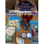 A MIXED LOT TO INCLUDE BLUE RIBBON SIGN, LANCASHIRE TALES BOOK, SPOONS, ARMY KNIFE ETC