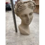 A SMALL RECONSTITUTED STONE GARDEN FEMALE BUST (H:38CM)