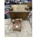 A BRASS COAL BOX, A WOODEN TELEPHONE AND TWO BRASS OIL CANS