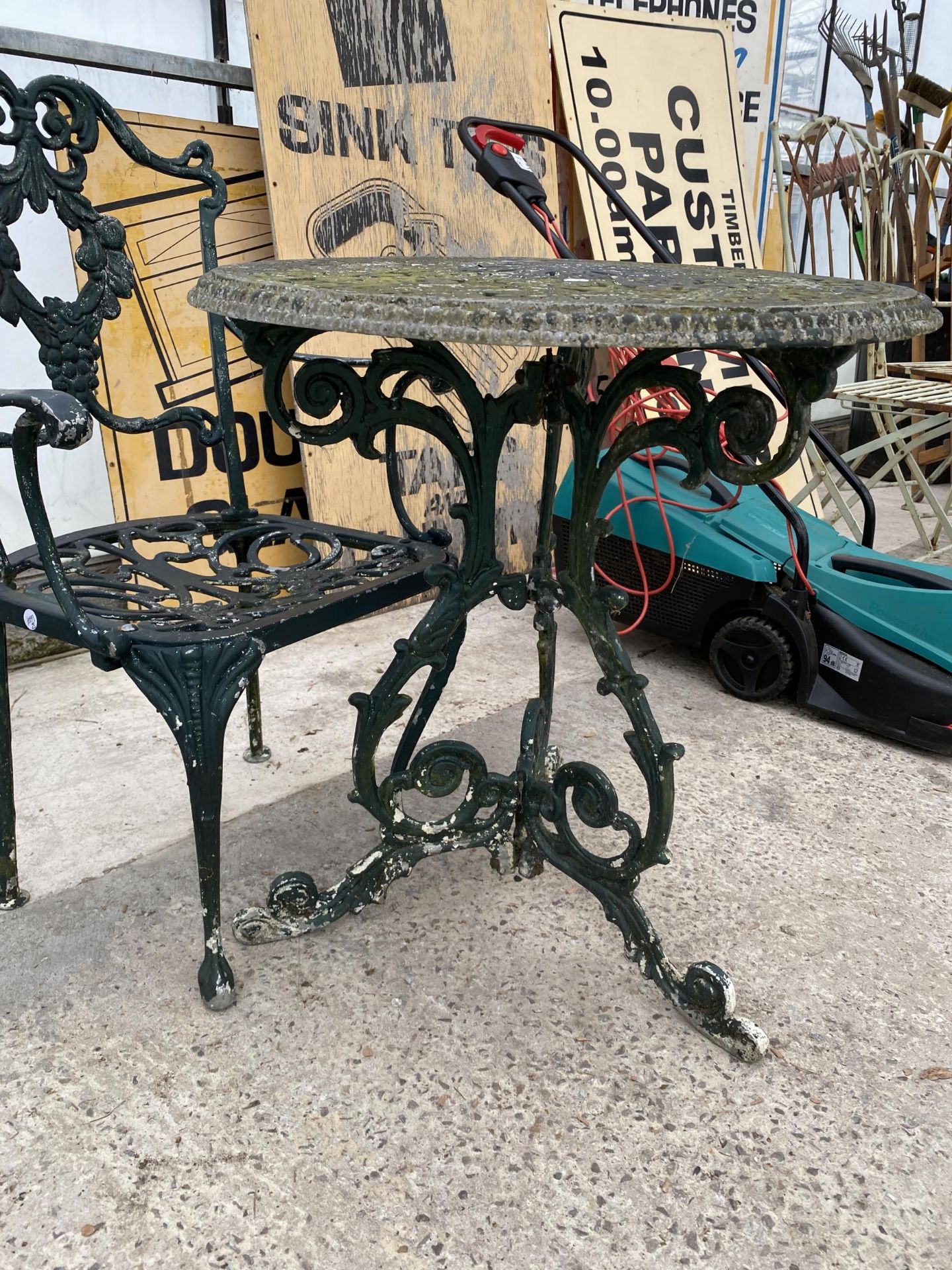 A DECORATIVE VINTAGE CAST IRON BISTRO TABLE AND A CAST ALLOY BISTRO CHAIR - Image 3 of 3