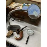 TWO VINTAGE PIPES AND A PIPE BOWL PLUS TWO MAGNIFYING GLASSES