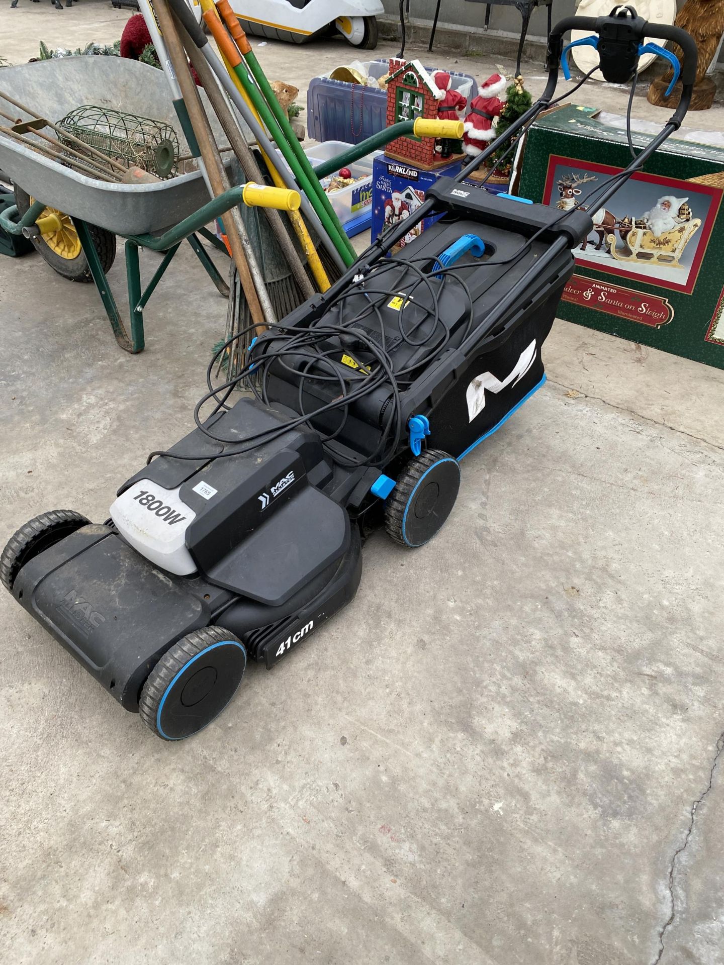 A MACALLISTER 41CM ELECTRIC LAWN MOWER WITH GRASS BOX (PLEASE NOTE WIRE DAMAGED AND REPAIRED WITH