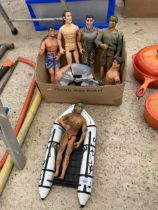 SIX VARIOUS ACTION MAN FIGURES, A BOAT AND ACCESORIES ETC