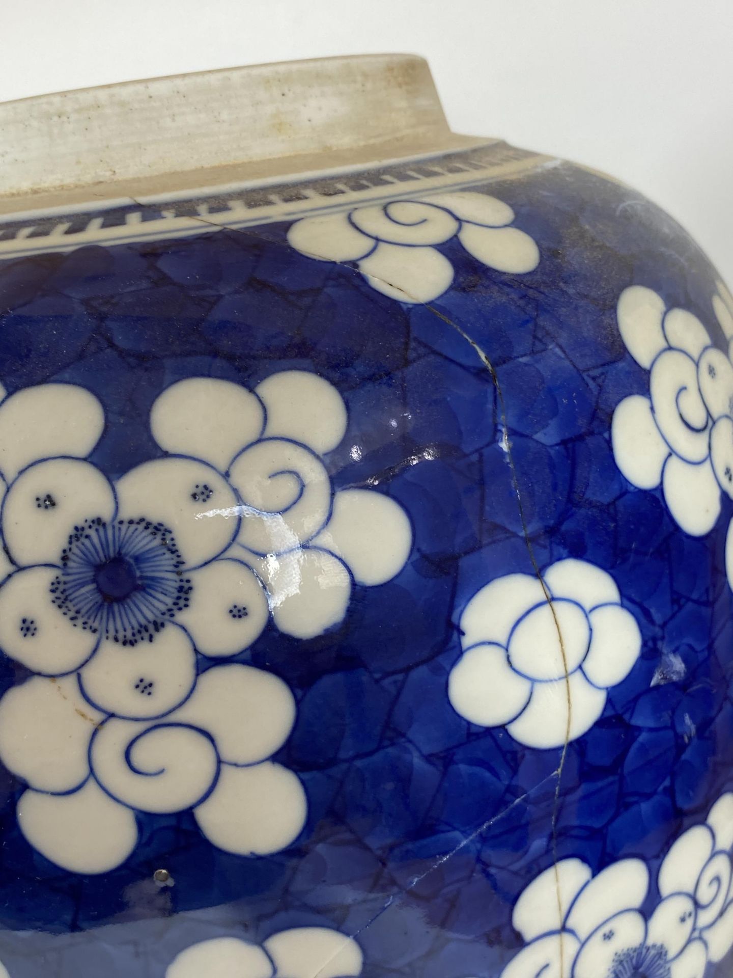 A LARGE 19TH CENTURY CHINESE BLUE AND WHITE PRUNUS BLOSSOM GINGER JAR WITH CARVED WOODEN LID, DOUBLE - Bild 14 aus 19