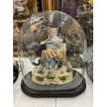 A CONTINENTAL BISQUE FIGURE OF A BOY AND GIRL ON AN ELEPHANT, IN VINTAGE GLASS DOME DISPLAY