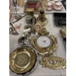 A MIXED LOT TO INCLUDE CLOCKS, AN OIL LAMP, BOWLS, ETC