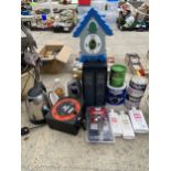 AN ASSORTMENT OF ITEMS TO INCLUDE A CLOCK, EXTENSION LEAD AND PAINT BRUSHES ETC