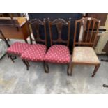 THREE VARIOUS EDWARDIAN DINING CHAIRS AND LIDDED STOOL ON TURNED LEGS