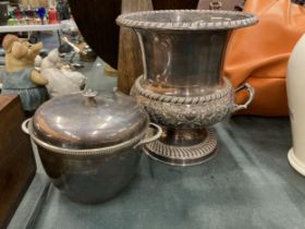 A SILVER PLATED CHAMPAGNE COOLER AND A LIDDED ICE BUCKET