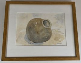 A VINTAGE FRAMED SWEDISH WATERCOLOUR OF A POT, SIGNED RUTH LAUDRUP, WITH LABEL TO REVERSE, 25 X 29CM