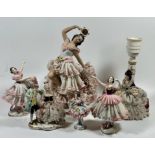 A GROUP OF SIX ANTIQUE CONTINENTAL DRESDEN LACE FIGURES TO INCLUDE LARGE ERNST BOHNE & SONS FLAMENCO