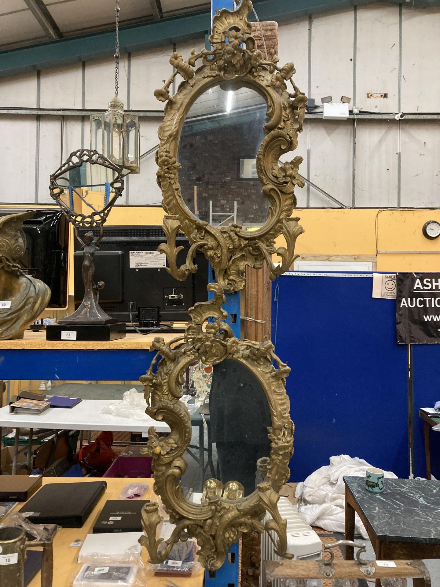 A PAIR OF VINTAGE GILT GESSO ORNATE MIRROR WITH TWIN BRANCH CANDLE HOLDERS
