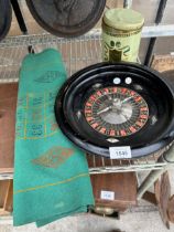 A VINTAGE ROULETTE GAME CONSISTING OF A WHEEL, COUNTERS AND CLOTH ETC