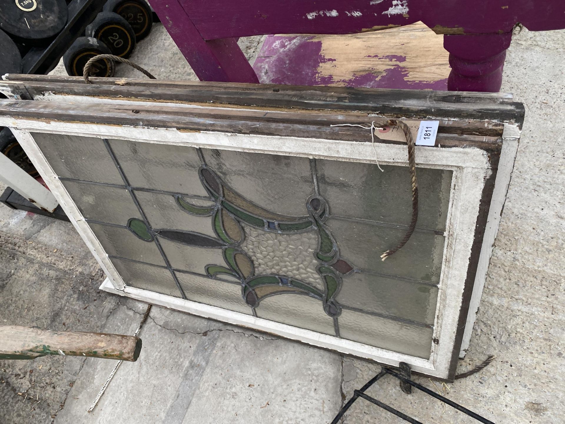 TWO WOODEN FRAMED GLAZED AND LEADED STAIN GLASS WINDOWS