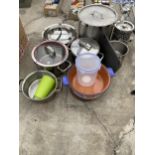 AN ASSORTMENT OF ITEMS TO INCLUDE STAINLESS STEEL COOKING POTS ETC