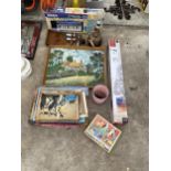 AN ASSORTMENT OF ITEMS TO INCLUDE JIGSAW PUZZLES, A YAMAHA KEYBOARD AND A TABLE LAMP ETC